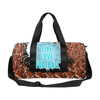 a duffle bag with a picture of a football on it