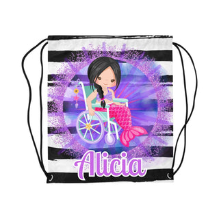 a drawsack bag with an image of a girl in a wheelchair