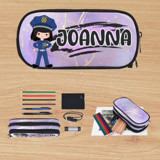 a pencil case with an image of a police officer on it