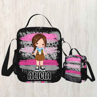 a backpack and lunch bag with a picture of a girl on it