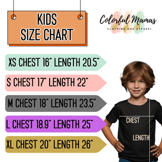 a young boy standing in front of a sign that says kids size chart