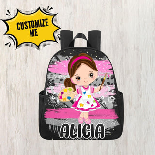 a personalized backpack with a girl in a pink dress