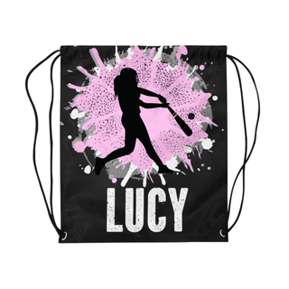 a pink and black drawsack bag with a girl holding a baseball bat