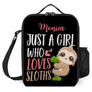 Personalized Just A Girl Who Loves Sloths Lunch Bag - Girls Lunchbag for School - Kid Lunchbox with Funny Cute Sloth Quote - With Name On