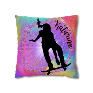 a pillow with a skateboarder silhouette on it