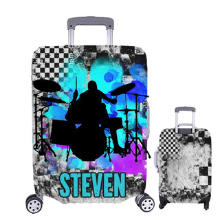 a piece of luggage with a picture of a drummer on it