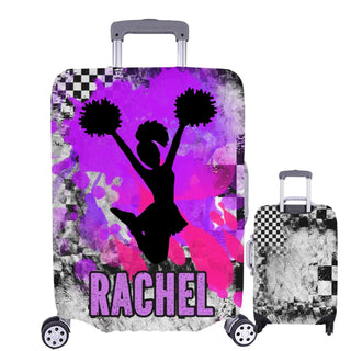 a piece of luggage with a picture of a cheerleader on it