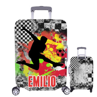 a piece of luggage with a picture of a soccer player on it