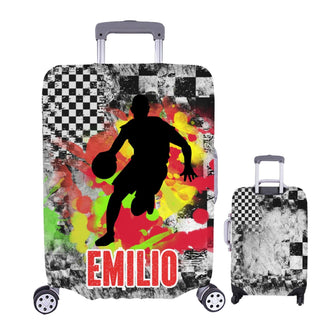 a piece of luggage with a picture of a basketball player on it