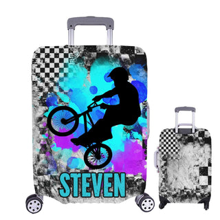 a piece of luggage with a picture of a man riding a bike