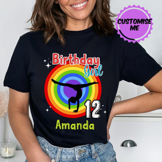 a woman wearing a birthday shirt with the number 12 on it